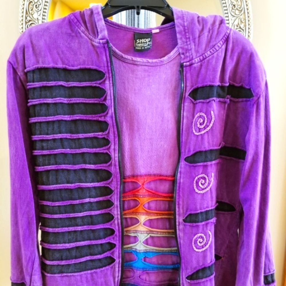 Shopping Therapy Purple Hoody Black Stripes & Colorful Short Sleeve Cotton Set - Picture 7 of 12
